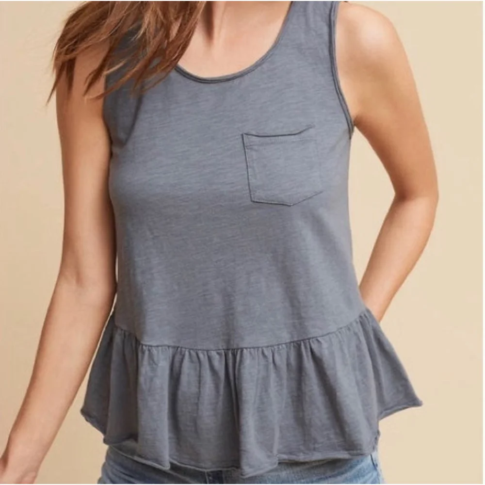 NWT New Eri + Ali Anthropologie Ruffled Pocket Peplum Tank Gray Small S - Picture 1 of 7